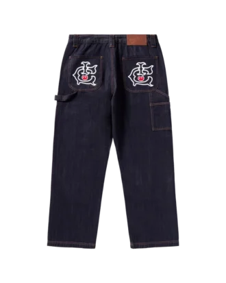 Selvedge-denim-carpenterbukser med løpende hund